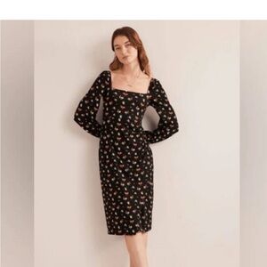 Boden Black Floral Long Sleeve Jersey Dress w/Square Neckline